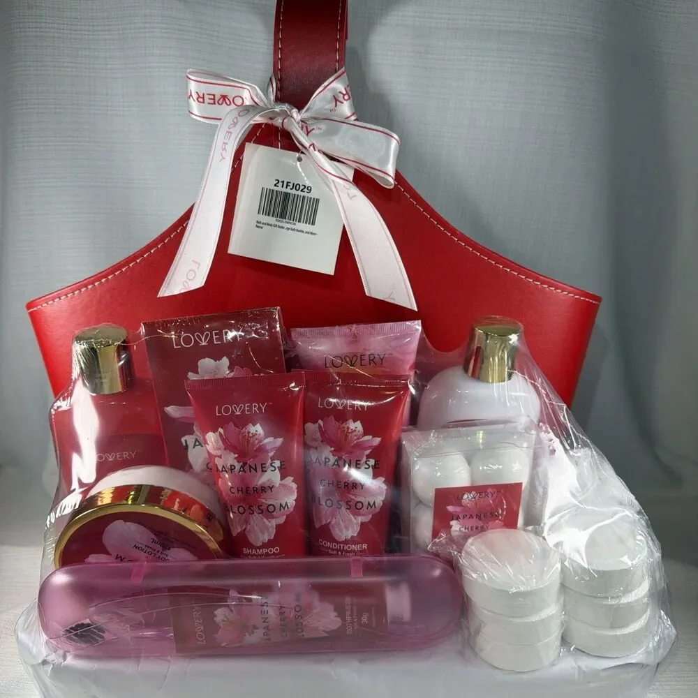 Lovery 25-Pc Cherry Blossom Spa Gift Set New Sealed Red Leather Tote Basket